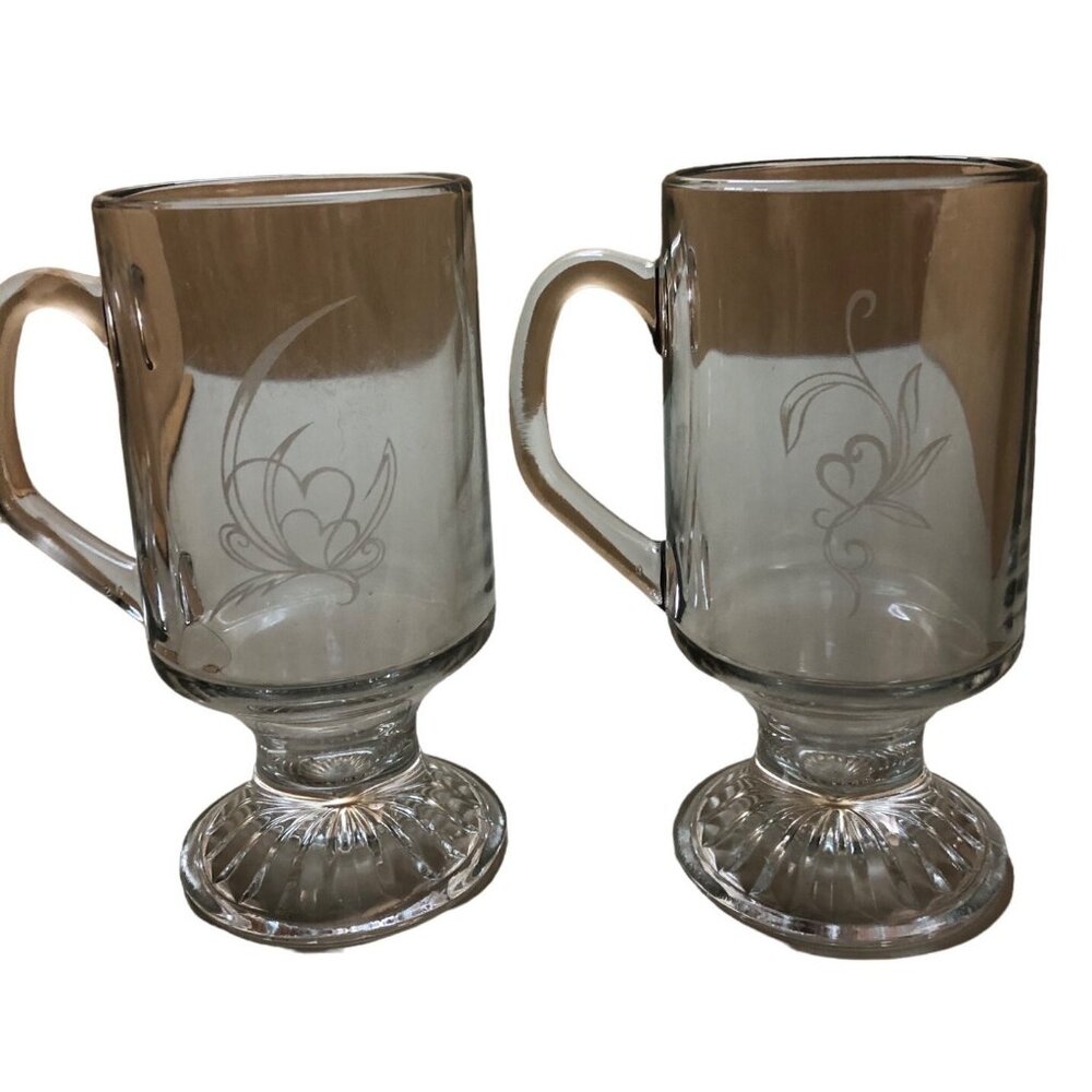 2 Glass Etched Heart Mugs Set